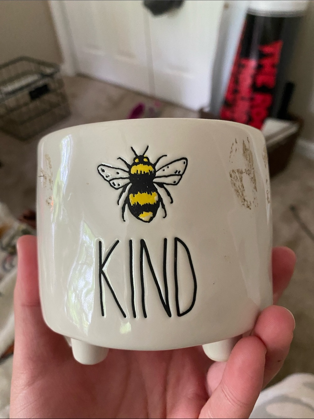 Rae Dunn Cream Ceramic Planter with Yellow & Black Bee "KIND"